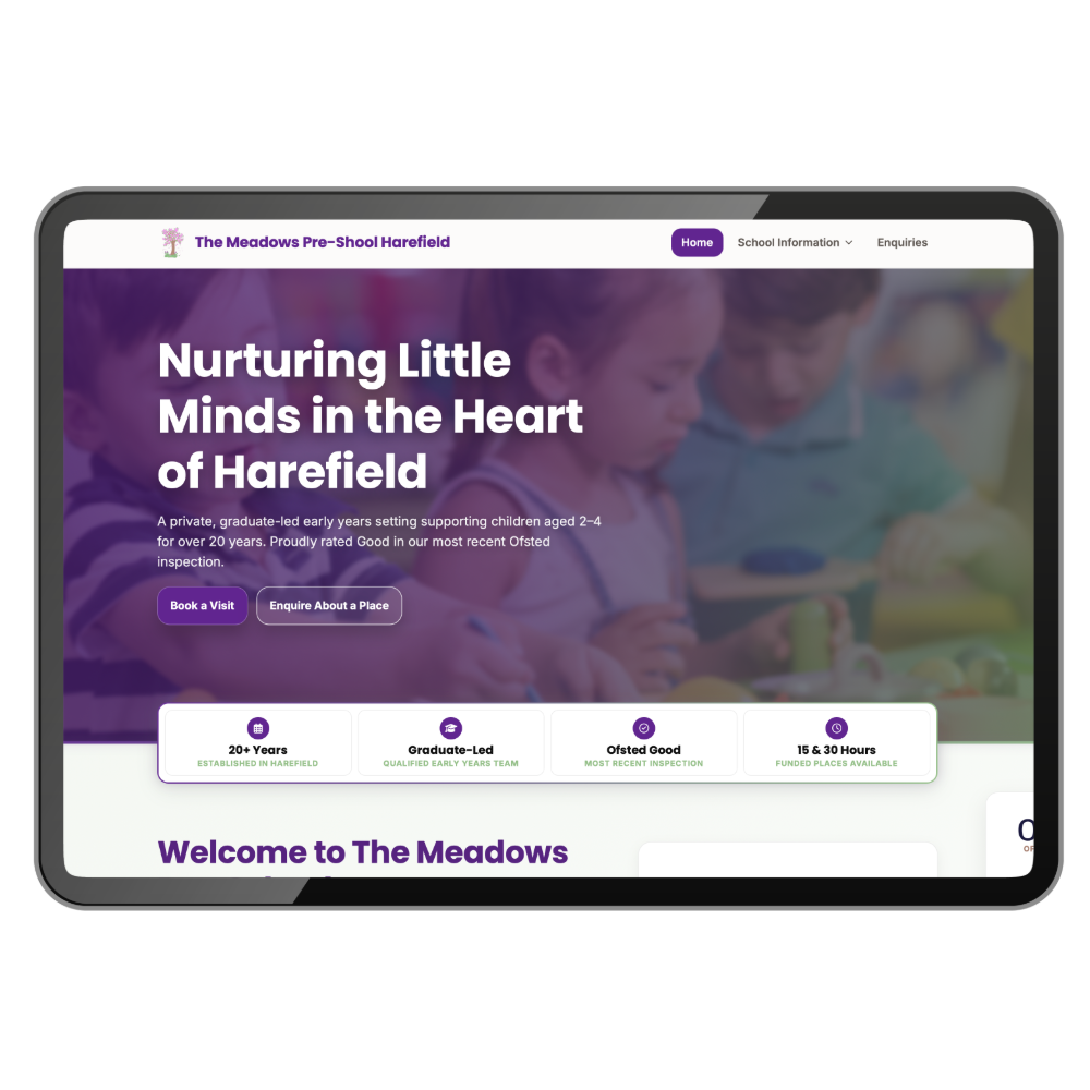 The Meadows pre-school website example displayed on a tablet