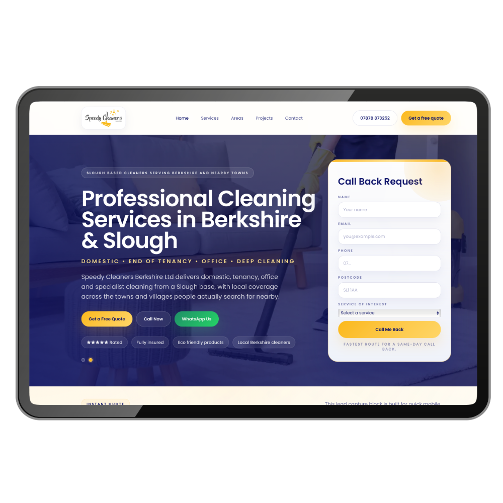 Speedy Cleaners website example displayed on a tablet