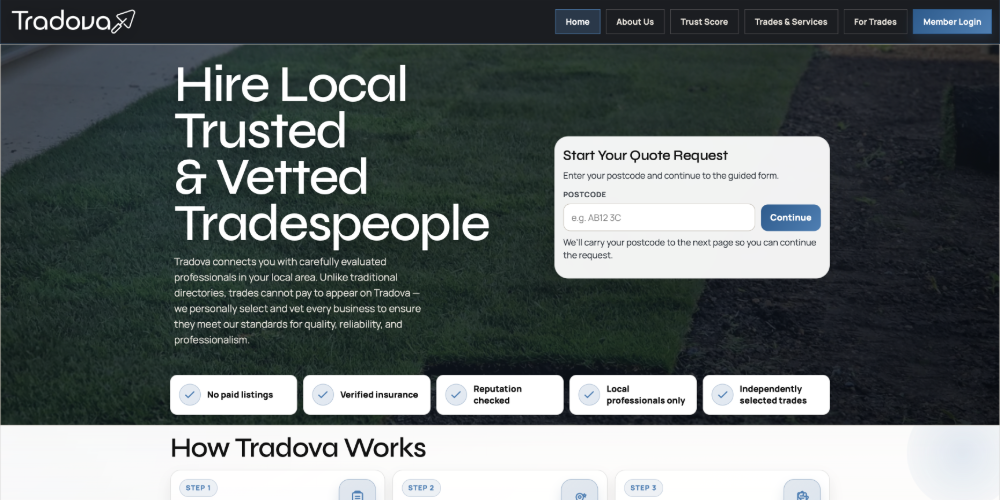 Tradova Trade Hub homepage screenshot