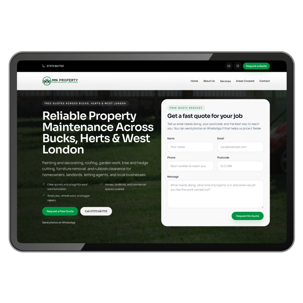 Property maintenance website example displayed on a tablet